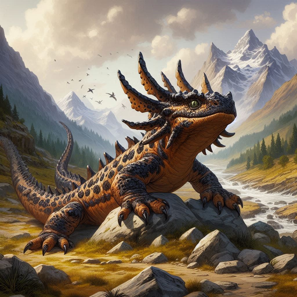 a large war salamander in a rocky mountain valley in D&D art style.png